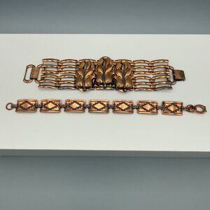 Vintage Copper Link Bracelets Geometric Leaf Designs Set Of Two